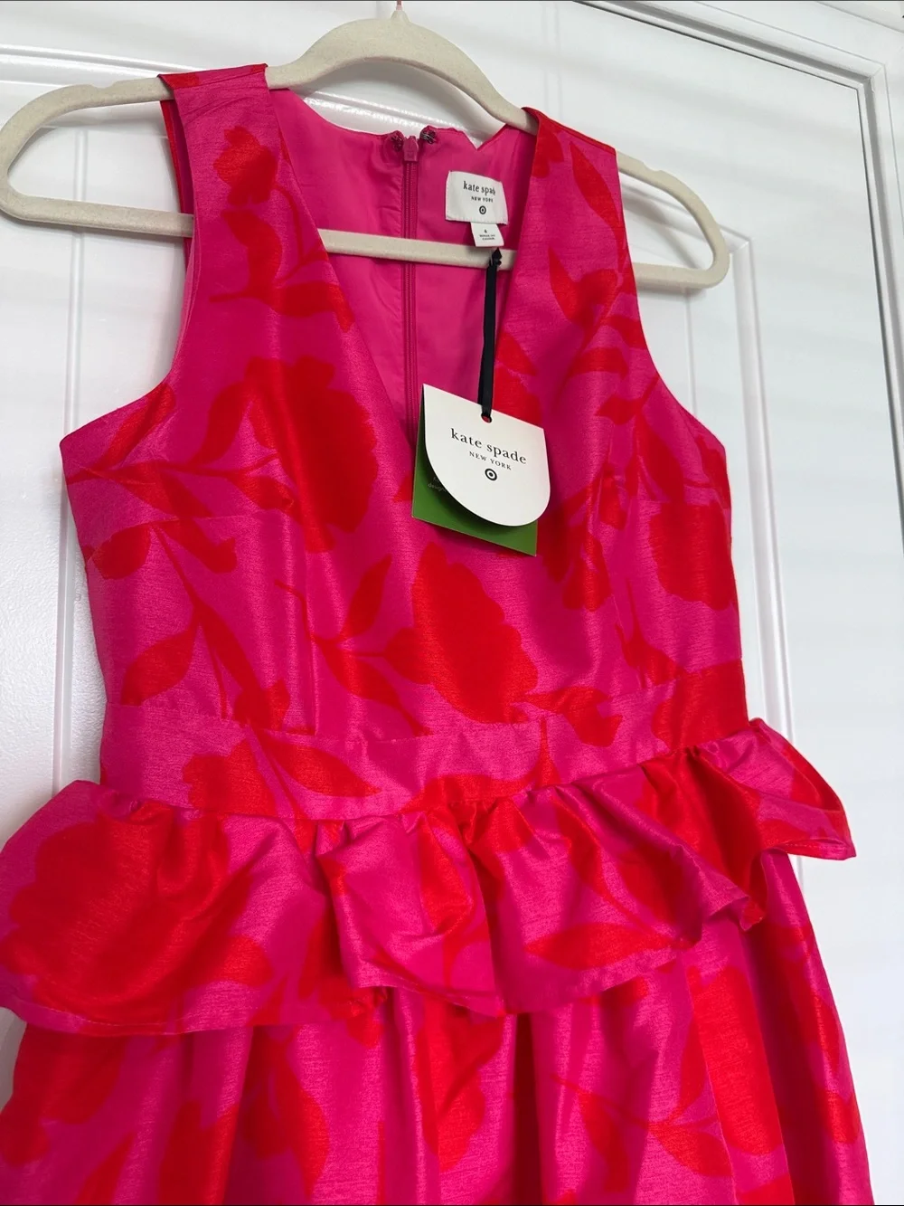 kate spade Hot Pink Red Floral Peplum Dress 6 • Summer Wedding Guest • Vacay
